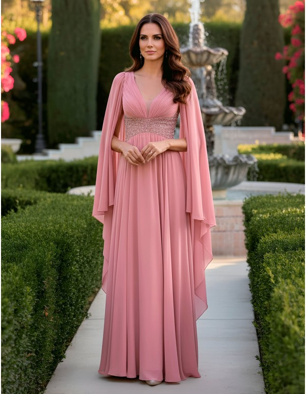 Long flowing chiffon guest dress with cape sleeves