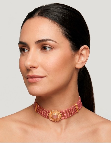 Handmade Pink and Gold Rhinestone Choker with Sun Brooch
