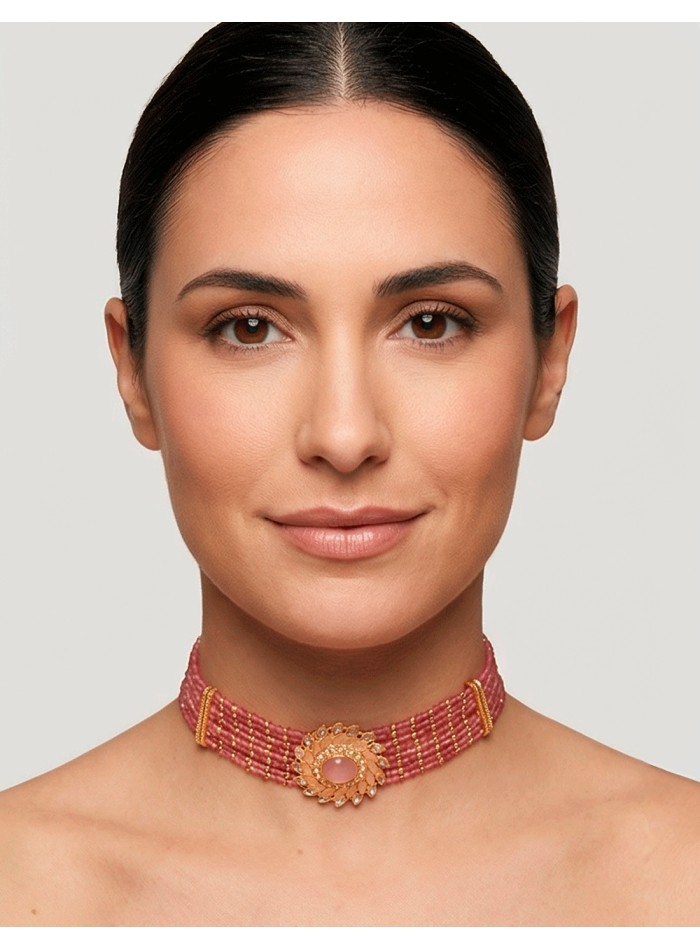 Handmade Pink and Gold Rhinestone Choker with...