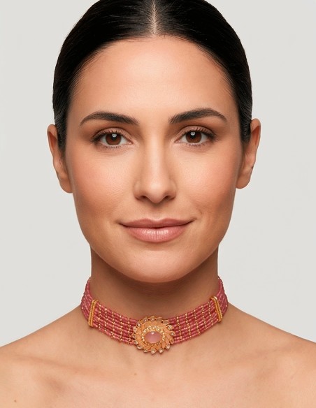 Handmade Pink and Gold Rhinestone Choker with Sun Brooch