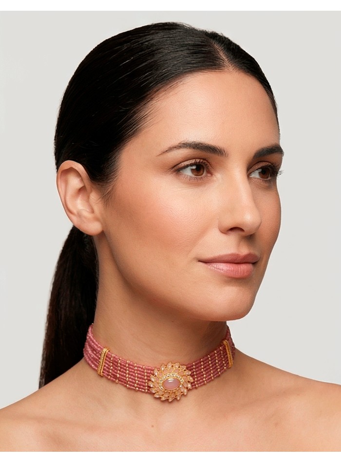 Handmade Pink and Gold Rhinestone Choker with...