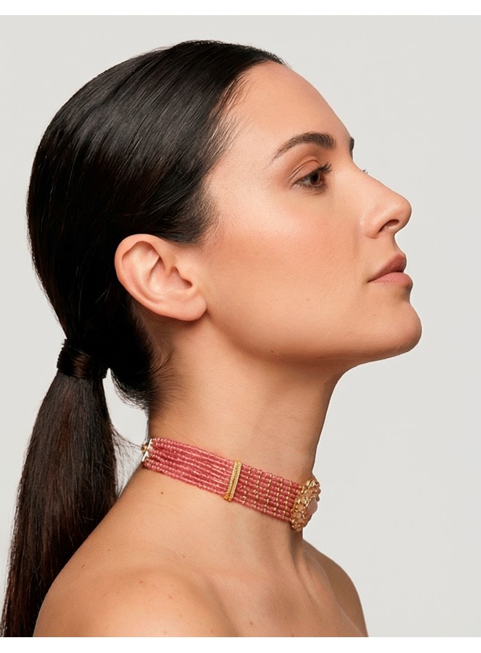 Choker Artesanal de Pedrería Rosa y Dorado con...