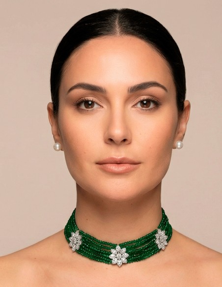 Handmade Green Rhinestone Choker with Crystal and Metal Flowers