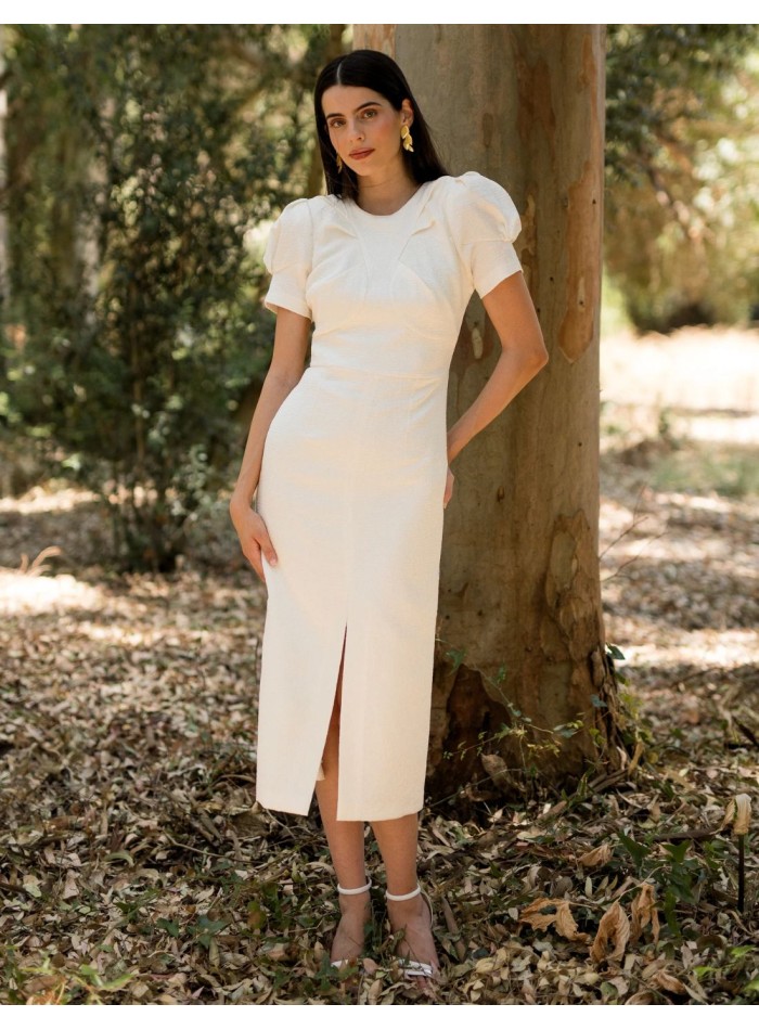 Vestido midi para mama de comunión con manga corta abullonada