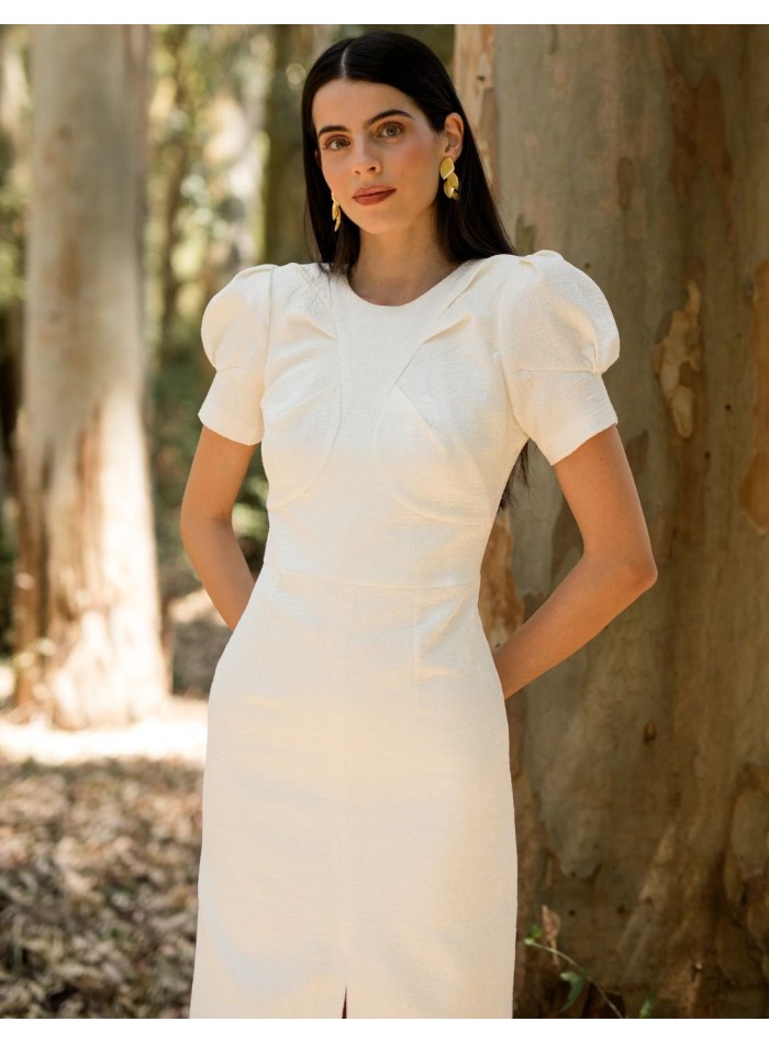 Vestido midi para mama de comunión con manga corta abullonada y mama de bautizo