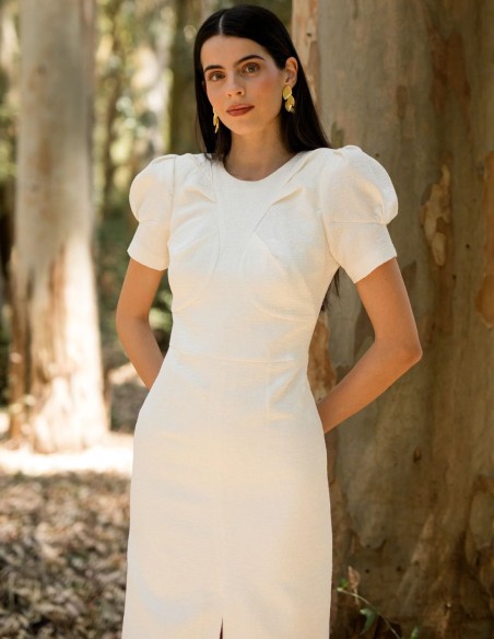 Midi dress for mother of communion with short puffed sleeves