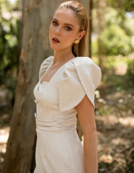 Robe midi blanche en tissu jacquard lurex lurex diamant avec encolure en cœur