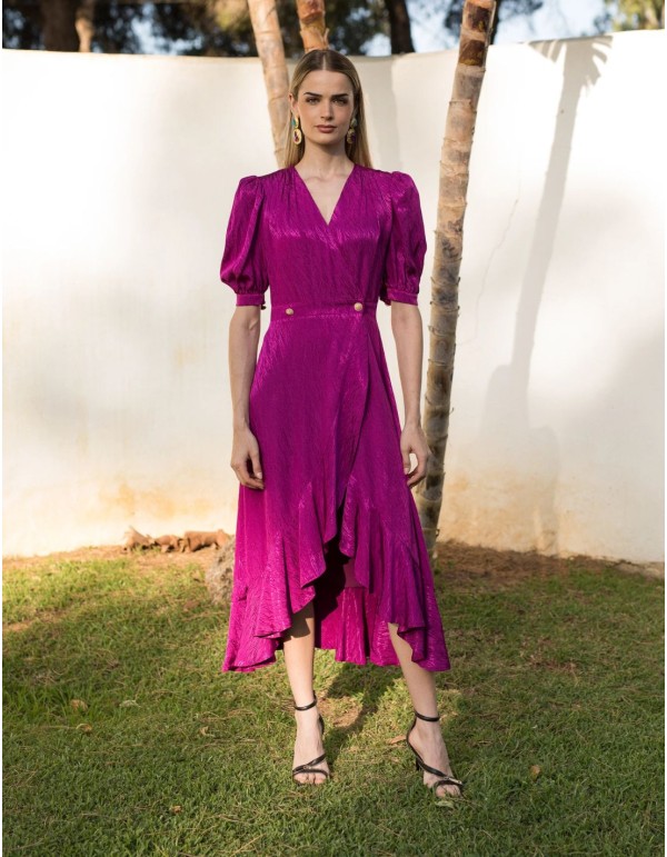Midi dress with puffed sleeves and flowing drape
