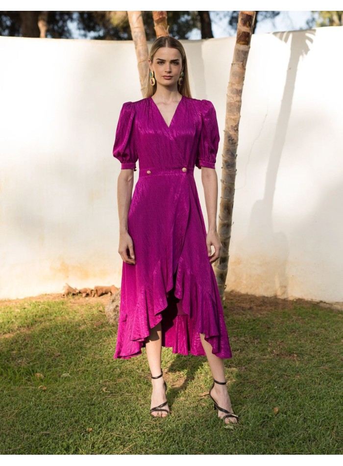 Vestido midi con manga abullonada y caída fluida