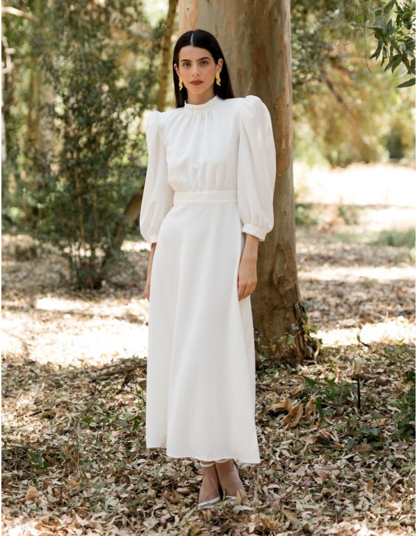 Midi communion mom dress with flared skirt and puffed...