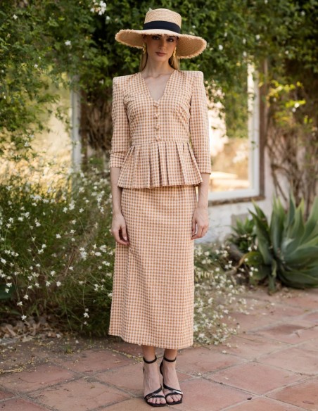 Brown vichy two-piece set with marked shoulder pads