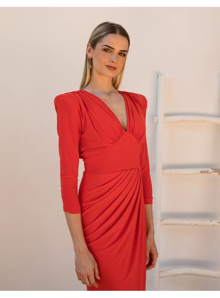 Three-quarter sleeve midi guest dress in coral...