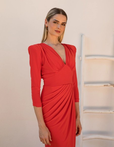 Three-quarter sleeve midi guest dress in coral color