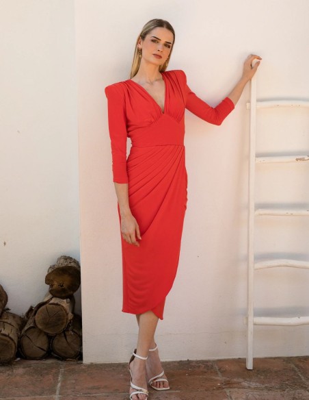 Three-quarter sleeve midi guest dress in coral color