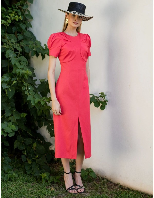 Robe d'invité midi à manches lanternes et encolure ronde