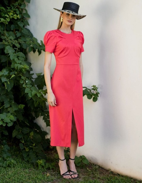 Round neck midi guest dress with lantern sleeves and round neckline