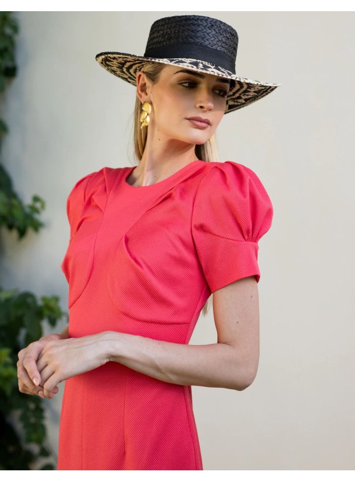 Vestido de invitada midi con mangas farol y cuello redondo