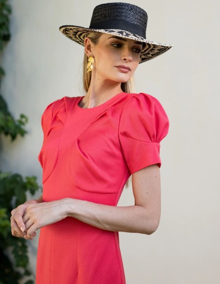 Vestido de invitada midi con mangas farol y cuello redondo