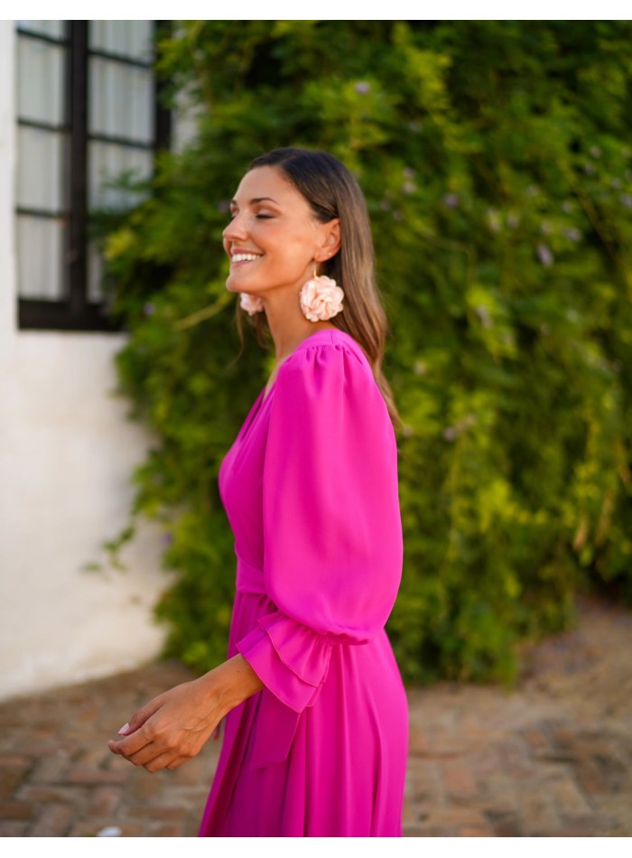 Vestido midi en tejido fluido color buganvilla