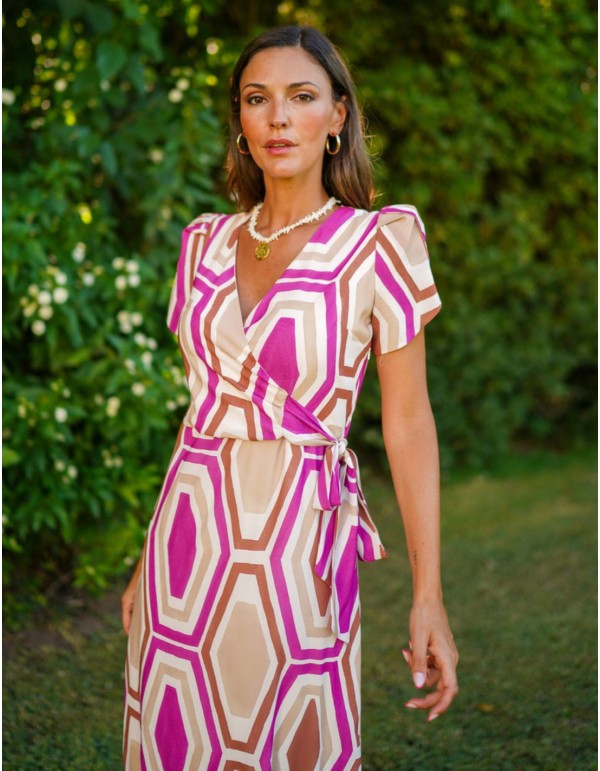 Short sleeved printed fabric midi guest dress