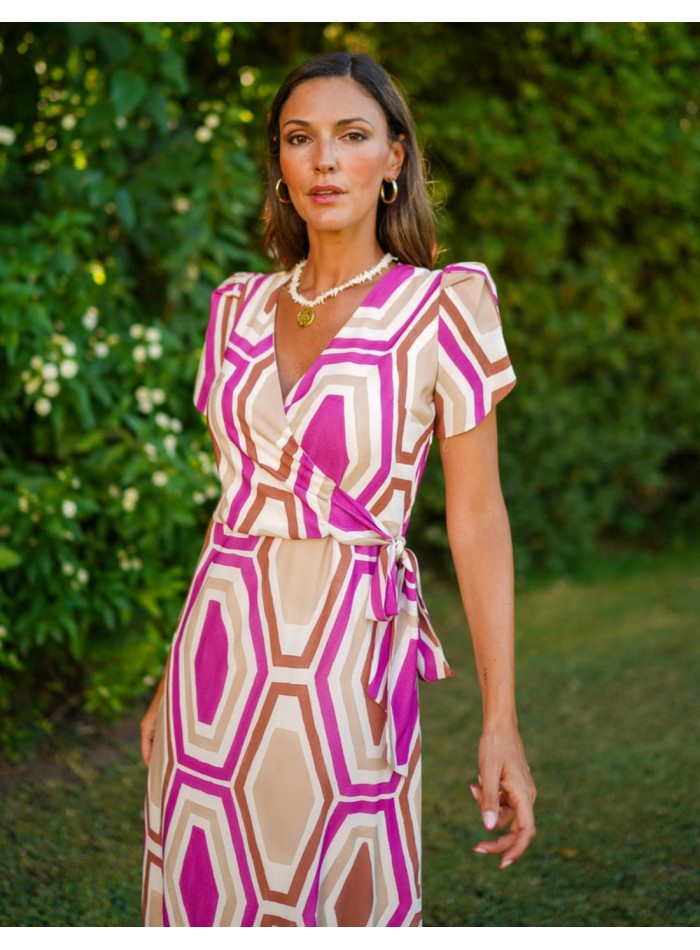 Short sleeved printed fabric midi guest dress