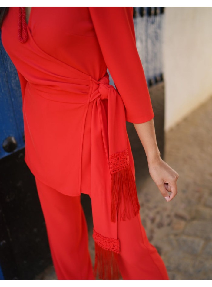 Red two-piece set of palazzo pants and kimono...