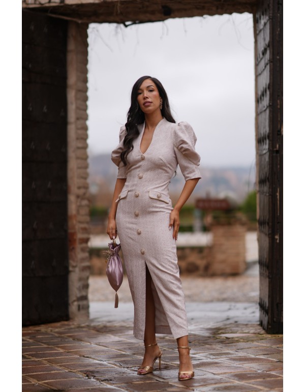 Robe midi avec boutons et manches ballon