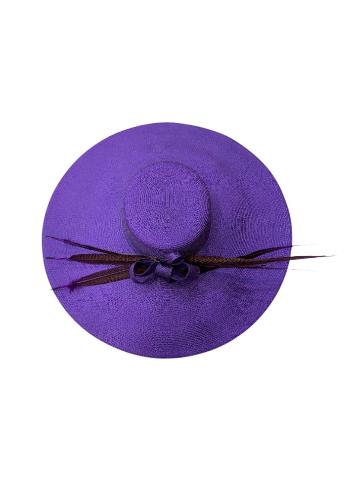 Purple guest pamela with bow and pheasant feathers
