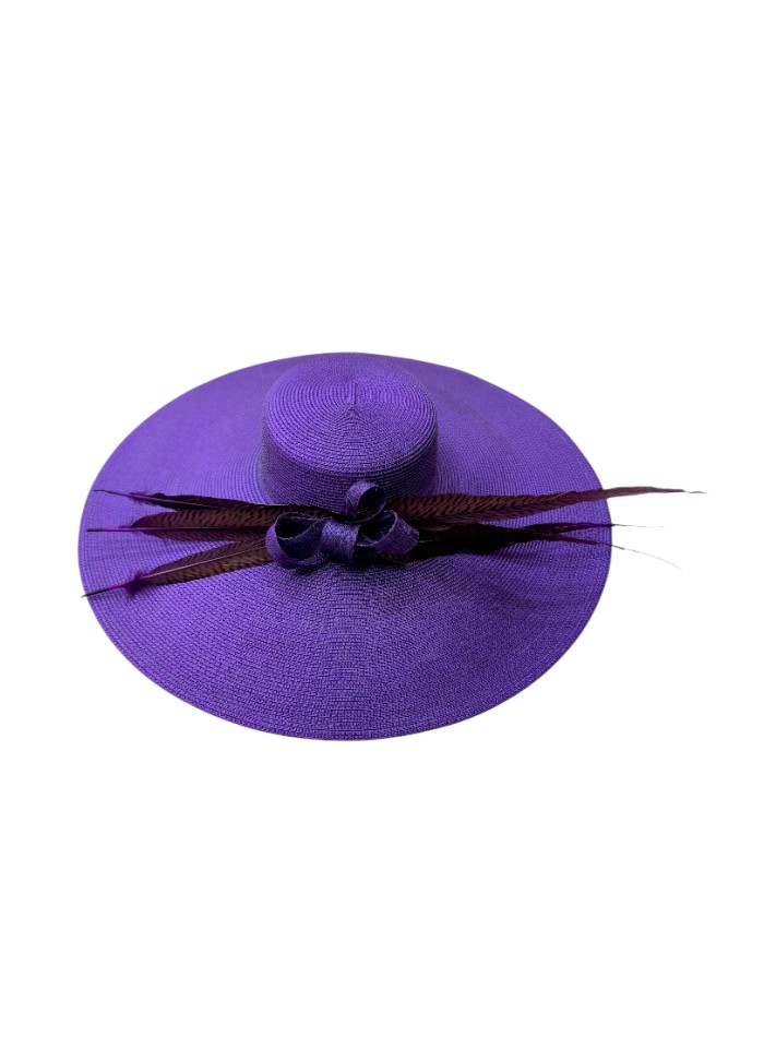 Purple guest pamela with bow and pheasant feathers