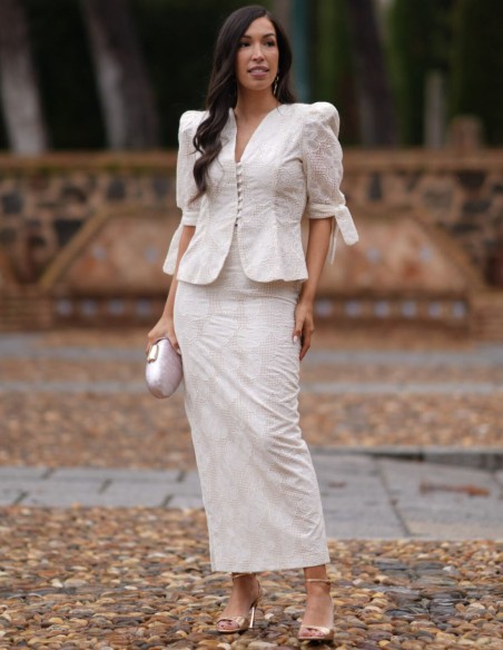 Two-piece set with button-down jacket and pencil skirt in perforated fabric