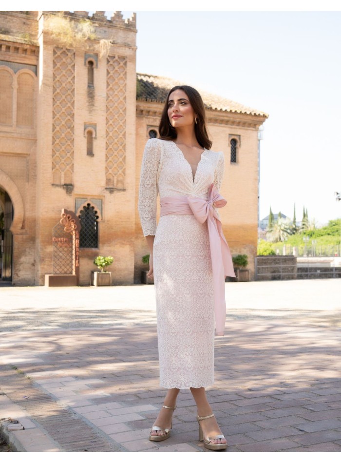 Off-white midi dress with lace and nude pink sash