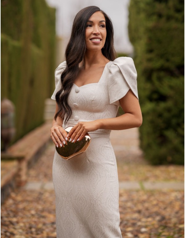 Brocade midi dress in beige with gold details