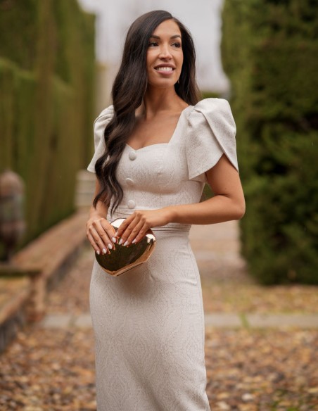 Brocade midi dress in beige with gold details
