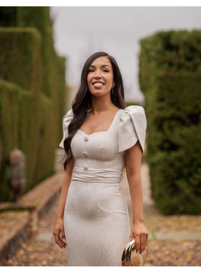 Robe midi en brocart beige avec détails dorés