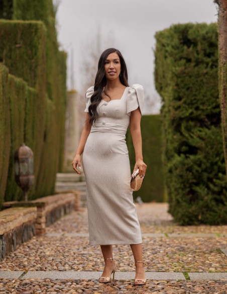 Brocade midi dress in beige with gold details