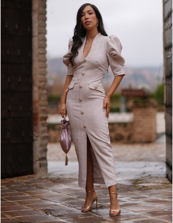 Midi dress with buttons and balloon sleeves