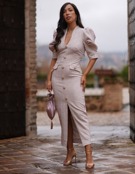 Vestido midi con botones y manga globo