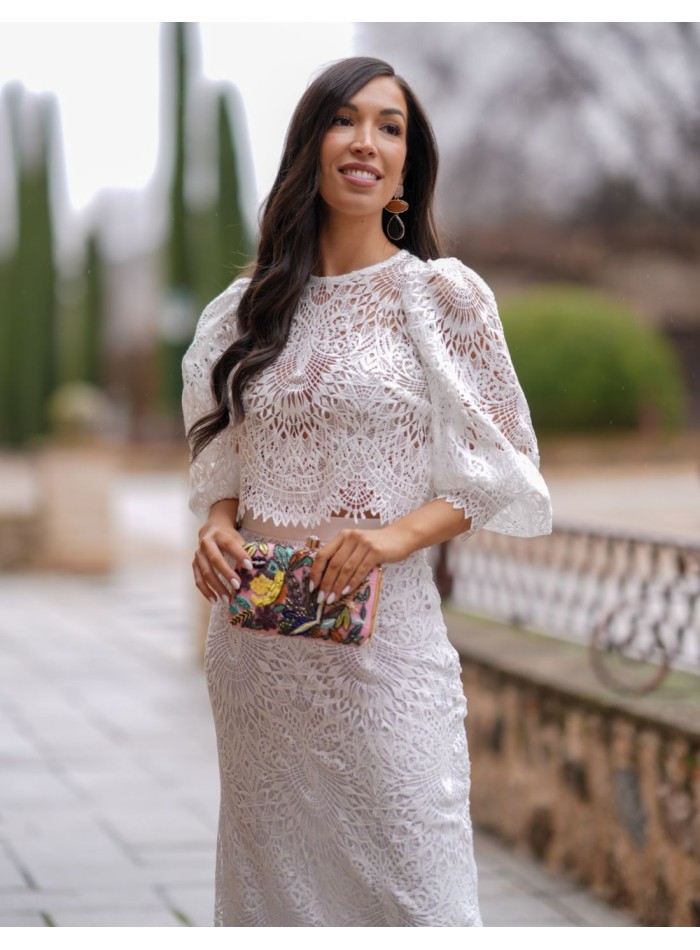 Two-piece set in white brocade fabric with...