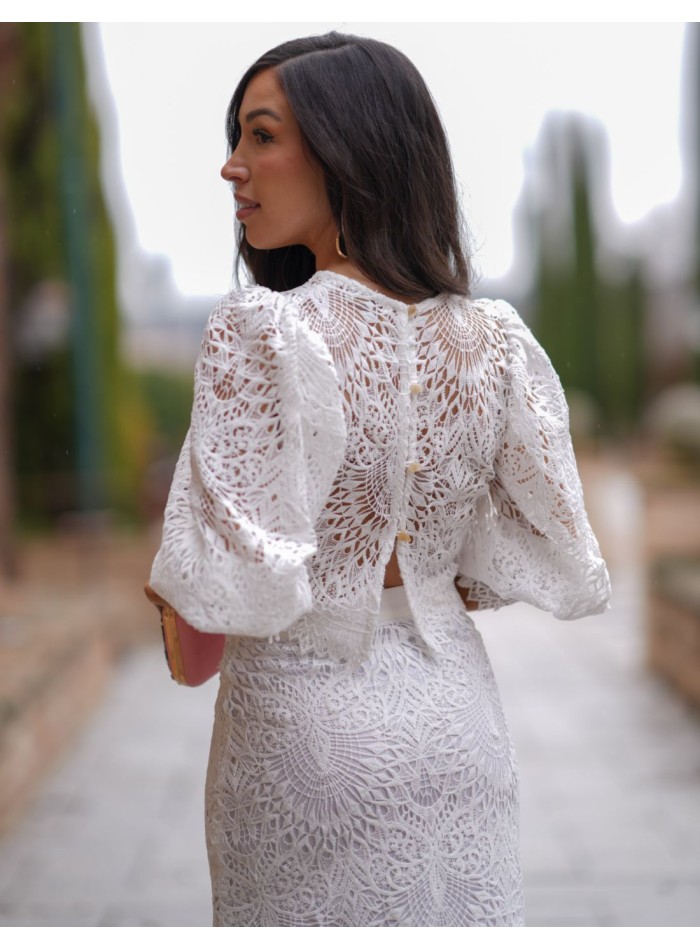 Two-piece set in white brocade fabric with...