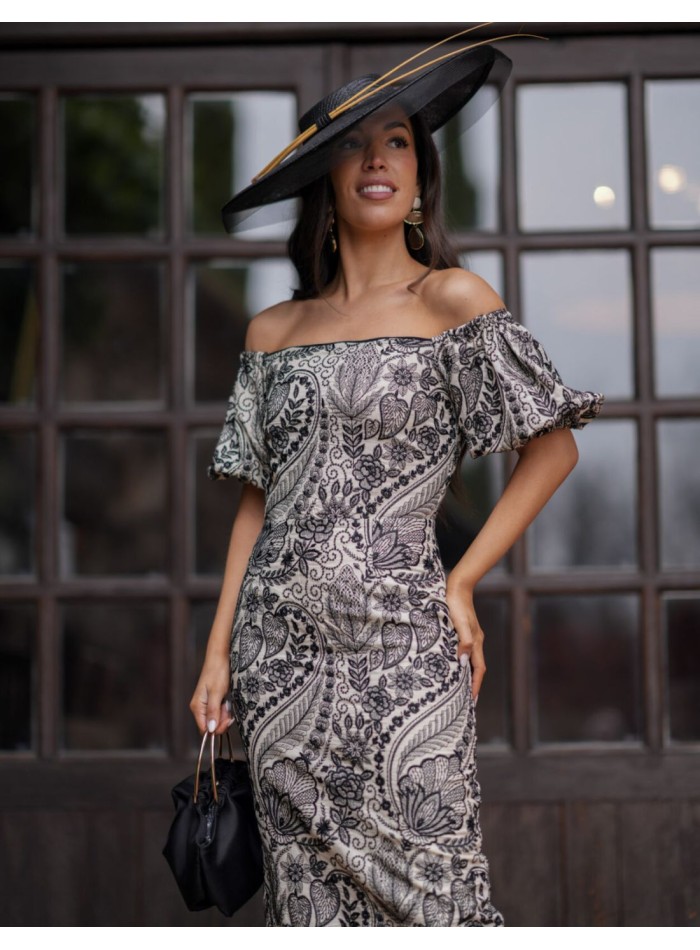 Brocade midi dress with dropped sleeves