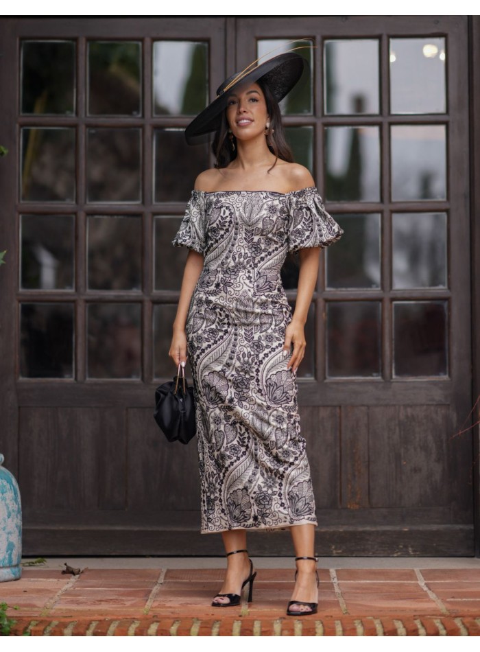 Vestido midi brocado con mangas caídas estampado