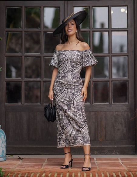 Brocade midi dress with dropped sleeves