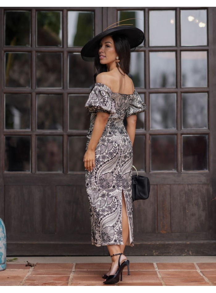 Brocade midi dress with dropped sleeves