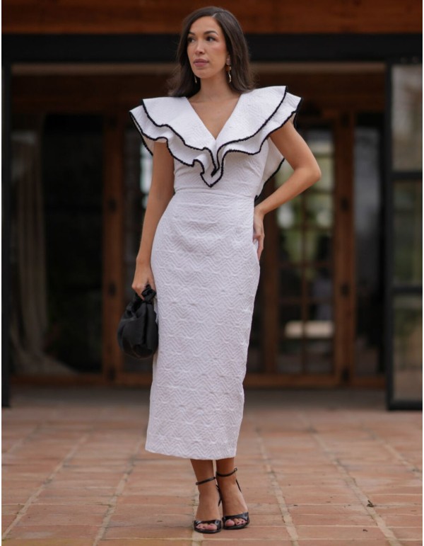 White mother's communion dress with ruffles on neckline
