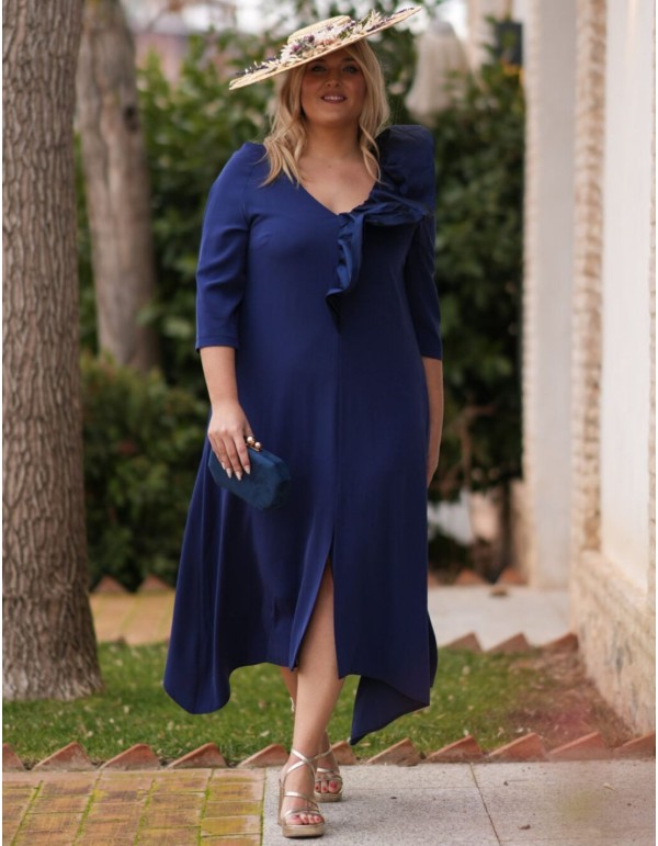 Robe d'invité midi en crêpe bleu marine à volants
