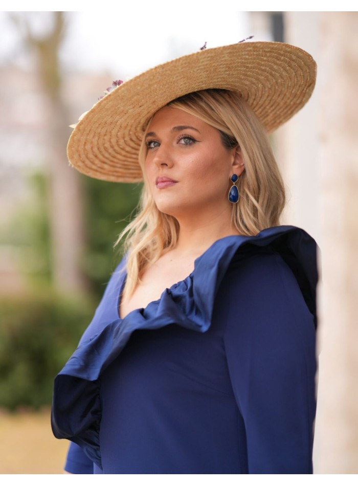 Robe d'invité midi en crêpe bleu marine à volants