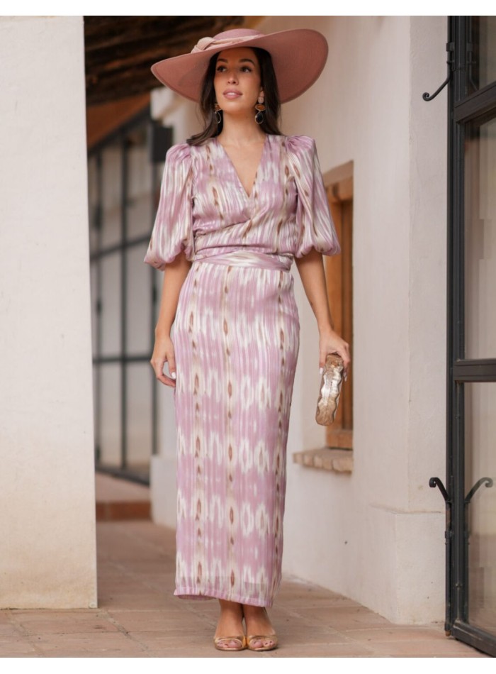 Two-piece set of blouse and skirt in printed...