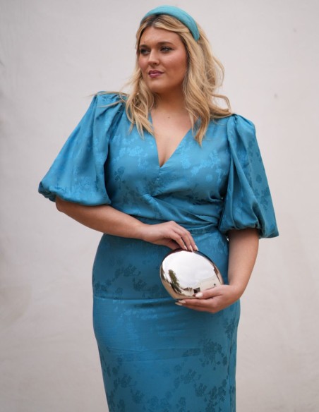 Two-piece set of blouse and skirt in turquoise chiffon fabric