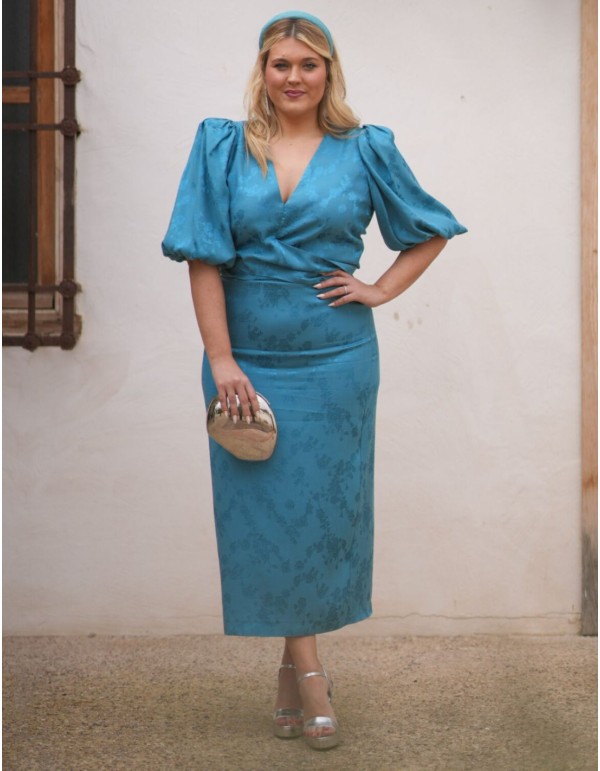 Two-piece set of blouse and skirt in turquoise chiffon...