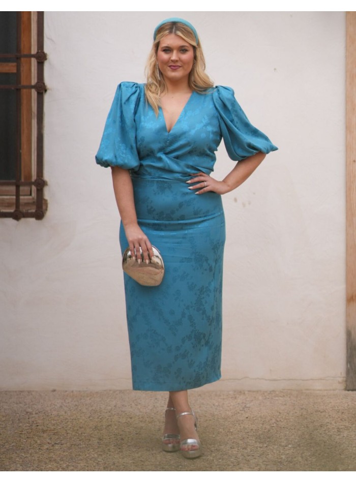 Conjunto dos piezas de blusa y falda en tejido de gasa turquesa